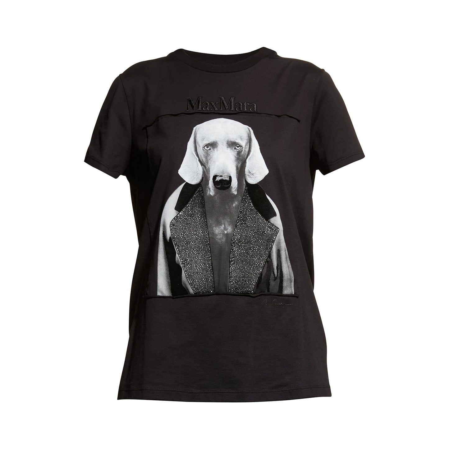 Max Mara Dog Print Tee with Strass Detailing in Black, size Small