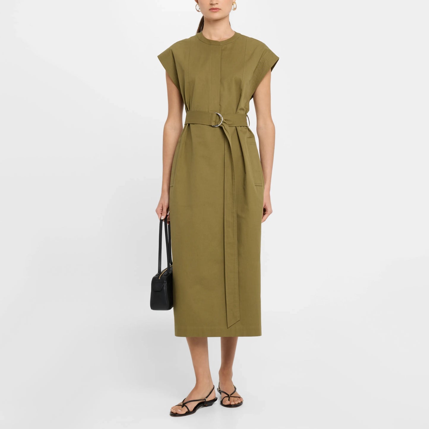 Argenta Belted Cap-Sleeve Cotton Twill Midi Shirtdress in Mushroom, Size Small