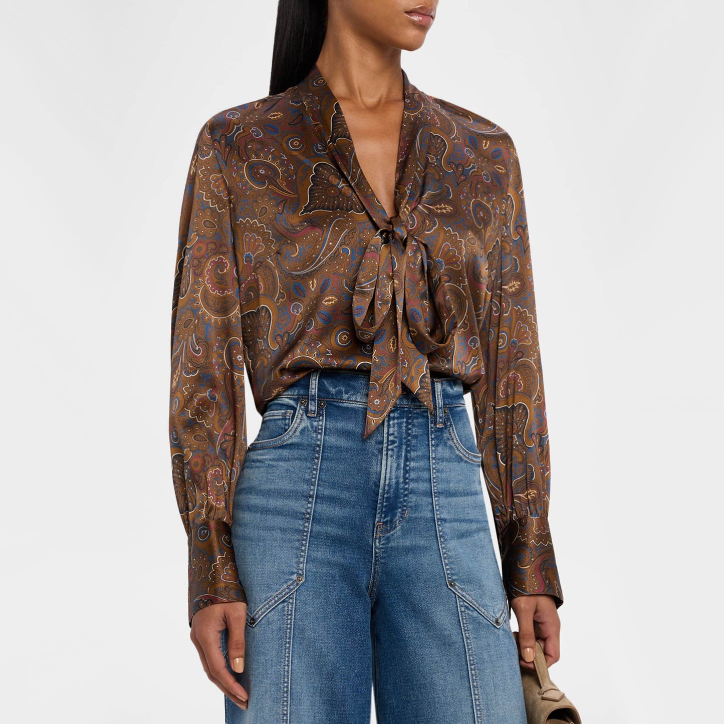 Veronica Beard "Francine" Paisley Stretch Silk Blouse in Brown, size 6