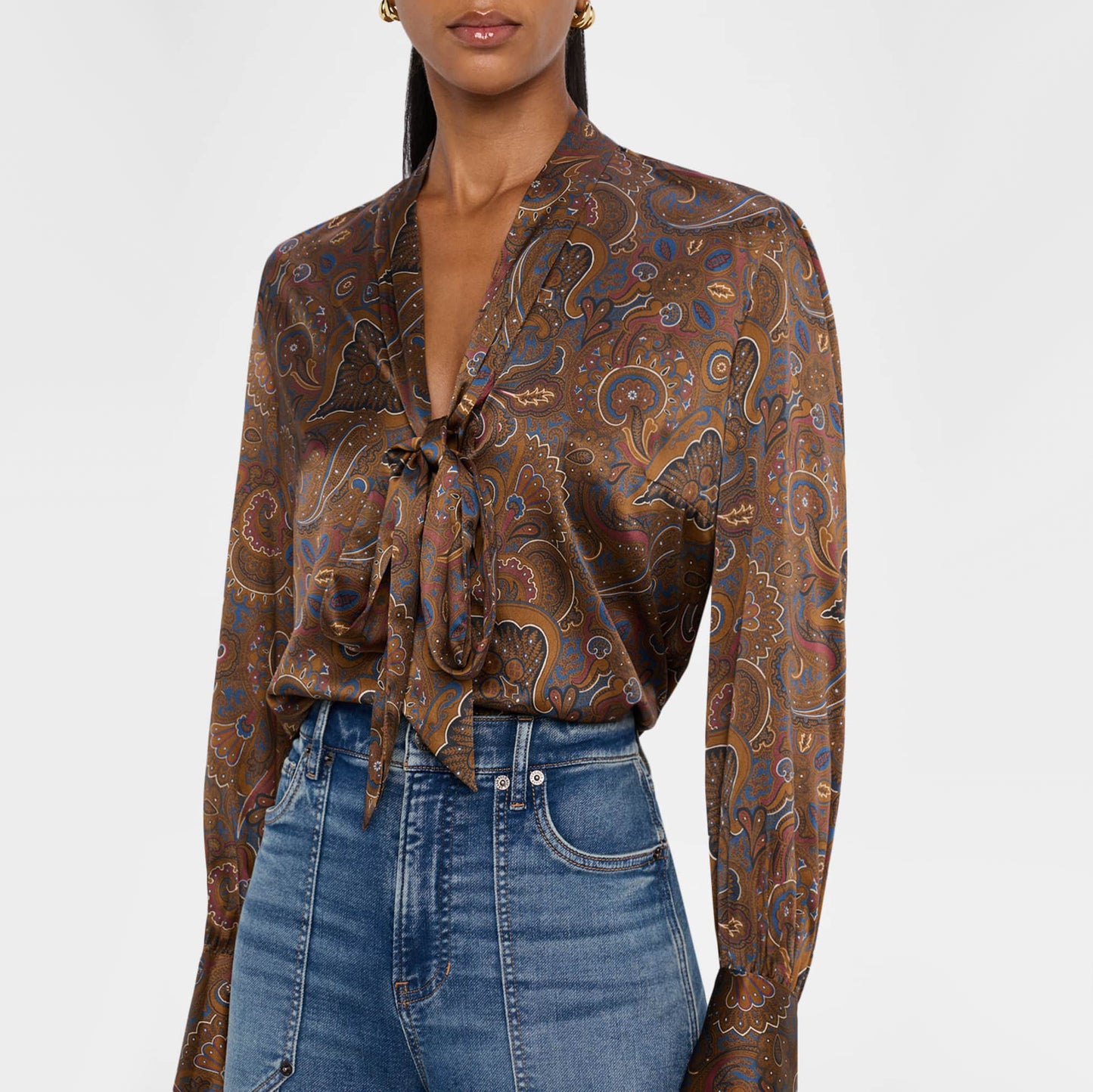 Veronica Beard "Francine" Paisley Stretch Silk Blouse in Brown, size 6