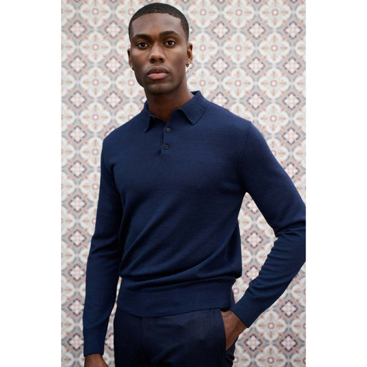 Nodus Navy Merino Wool Polo Neck in Navy, size Large