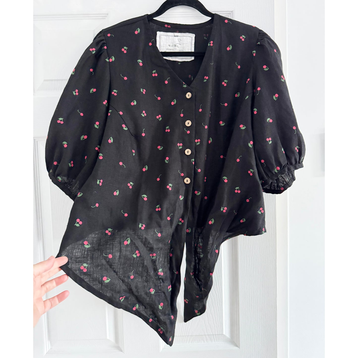Not Perfect Linen Cherry Print Shirt in Black, size XXL (fits L-XL)