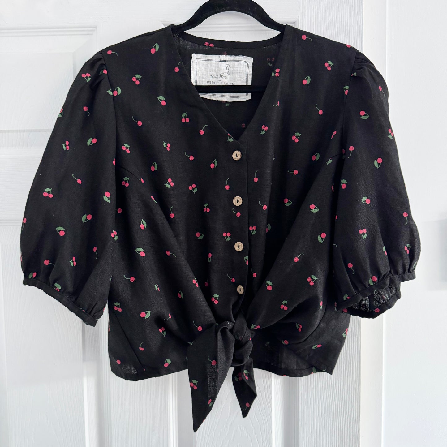 Not Perfect Linen Cherry Print Shirt in Black, size XXL (fits L-XL)