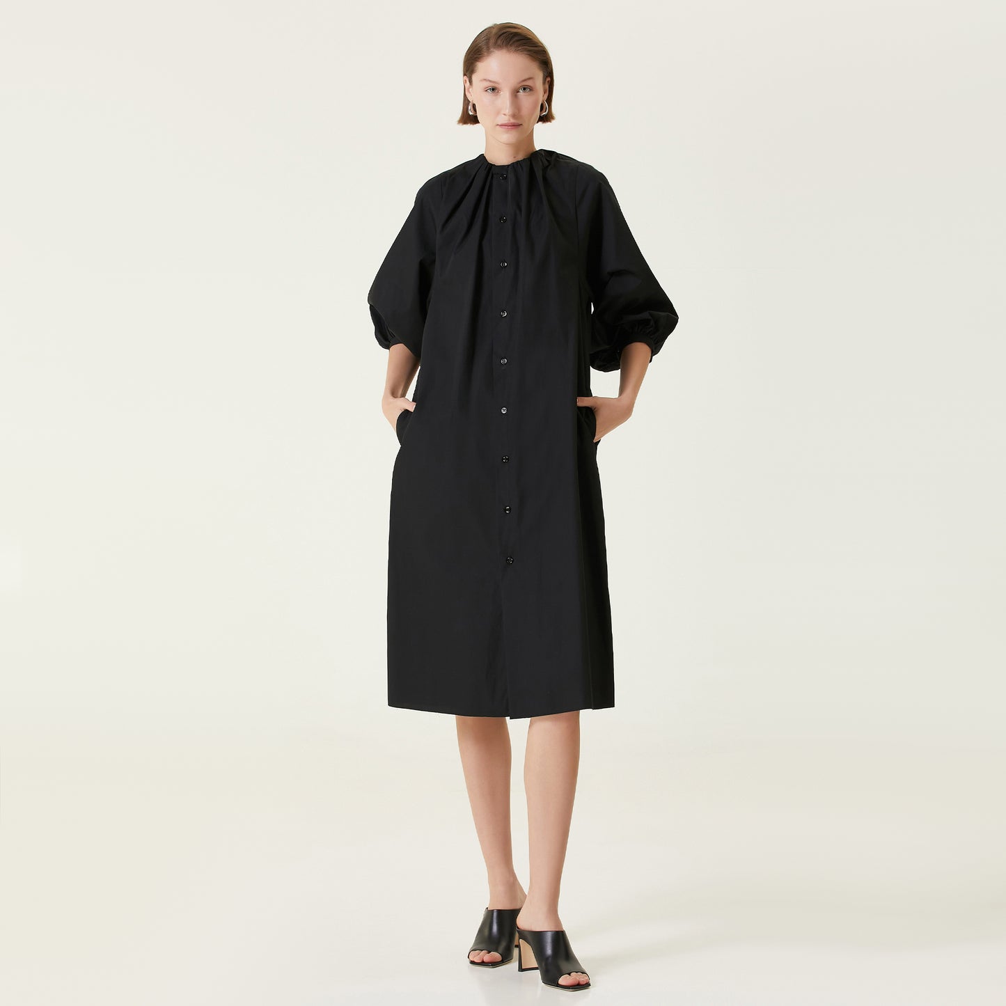 MM6 Gathered Neck Poplin Shirt Dress in Black, size 36 (fits XS/S)