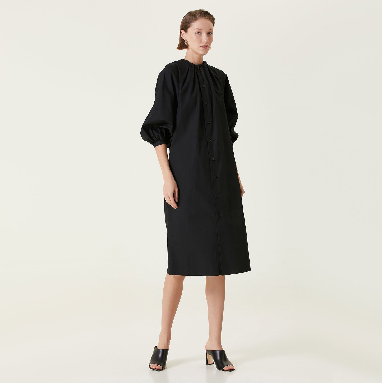 MM6 Gathered Neck Poplin Shirt Dress in Black, size 36 (fits XS/S)