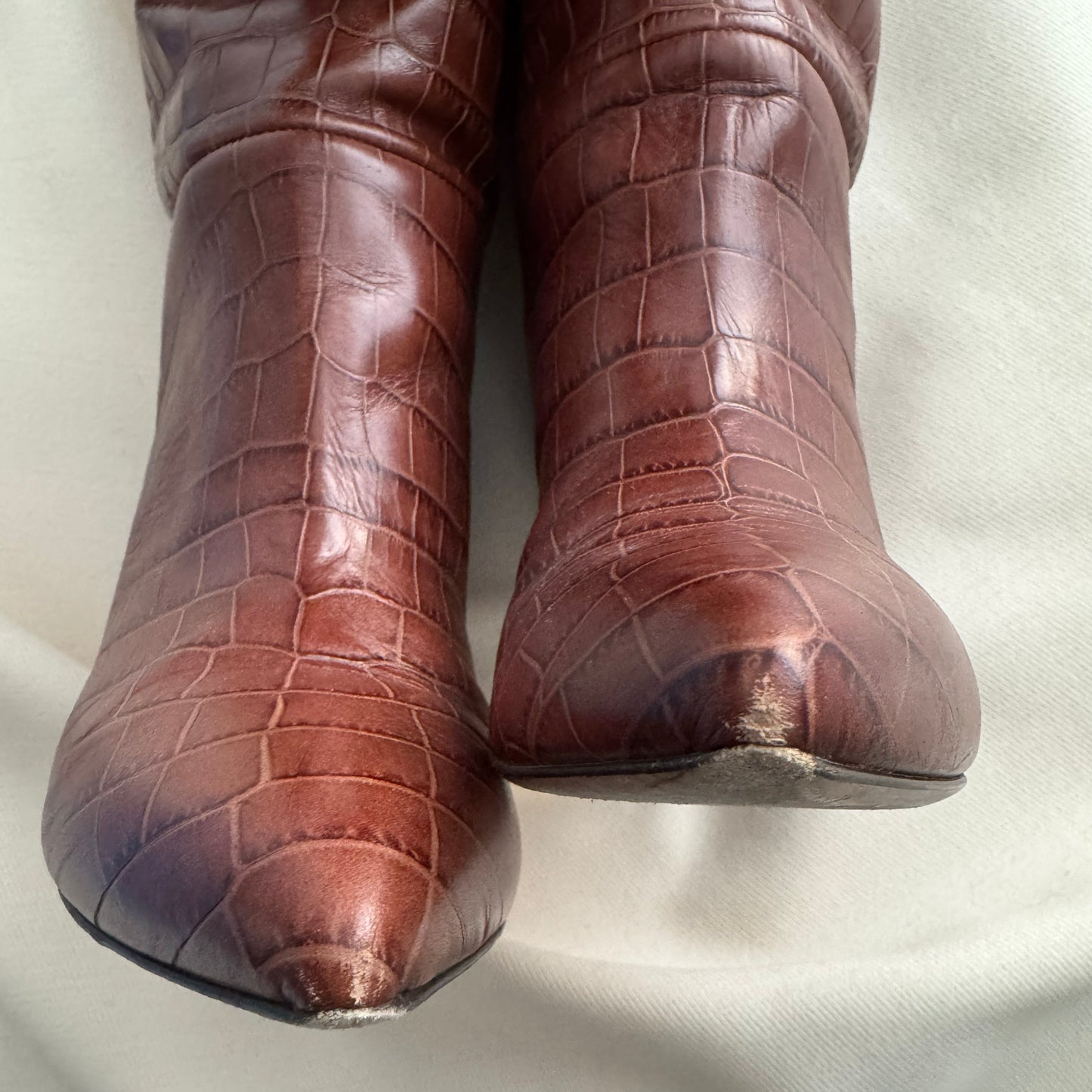 Paris Texas Croc-Embossed Leather Heeled Knee-High Boots in Tan Brown, size 37