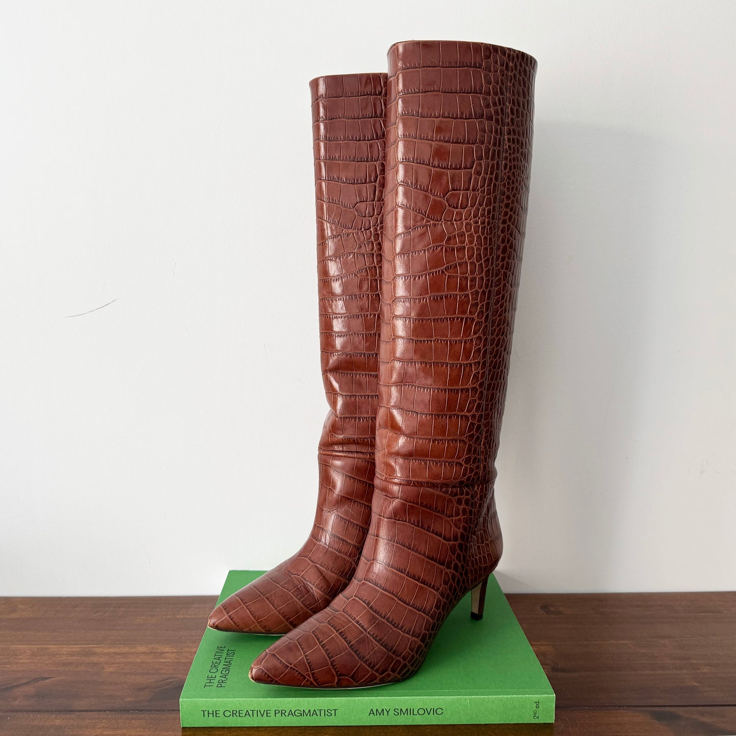 Paris Texas Croc-Embossed Leather Heeled Knee-High Boots in Tan Brown, size 37