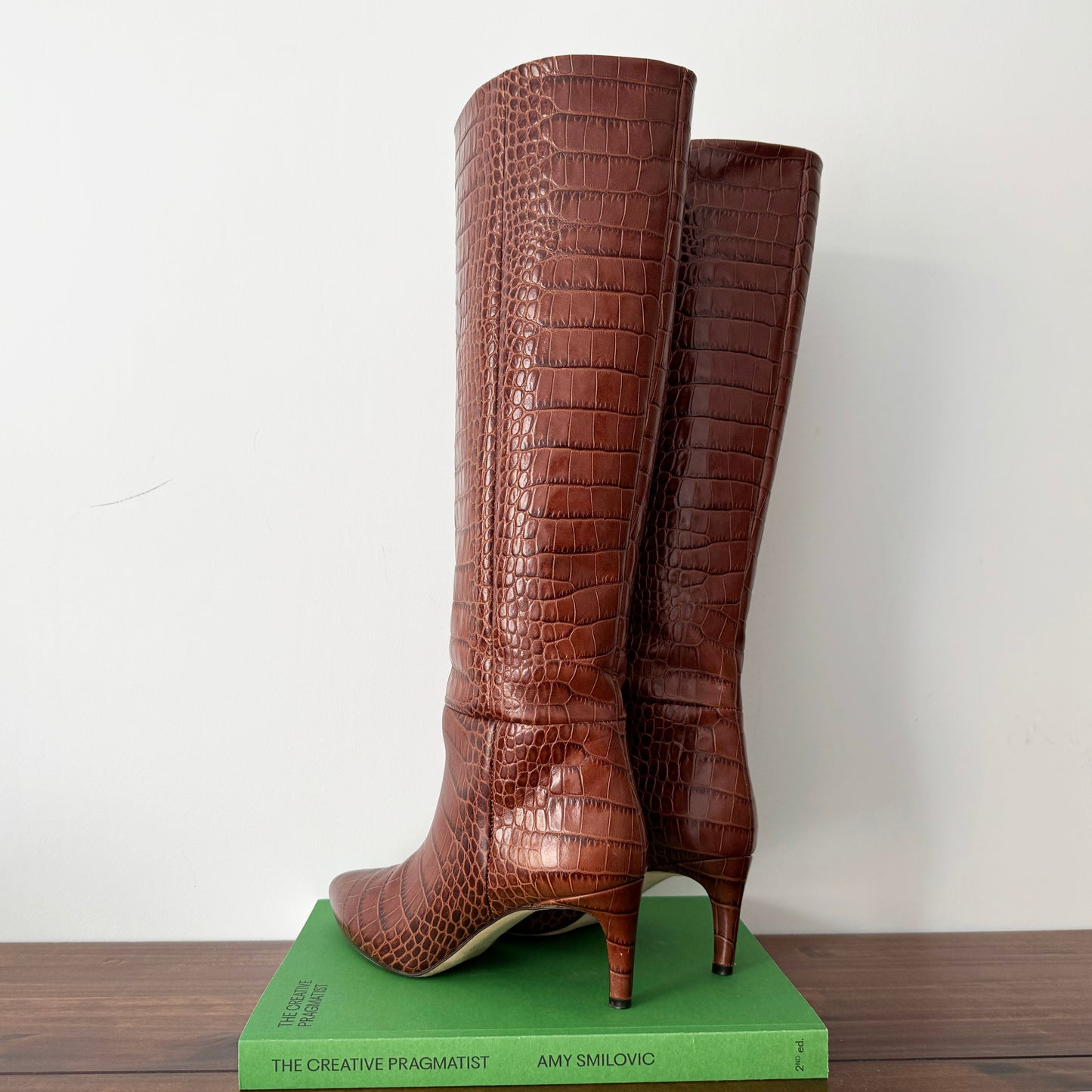 Paris Texas Croc-Embossed Leather Heeled Knee-High Boots in Tan Brown, size 37