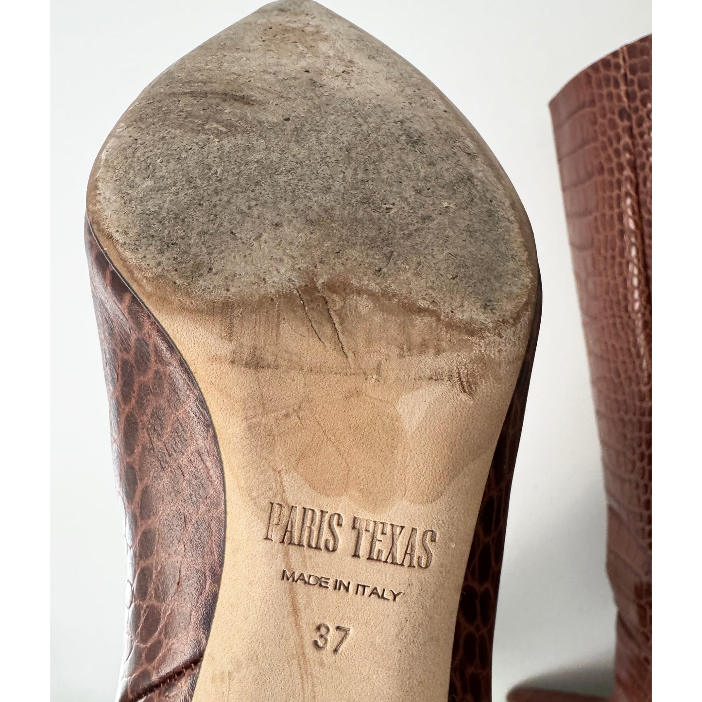 Paris Texas Croc-Embossed Leather Heeled Knee-High Boots in Tan Brown, size 37