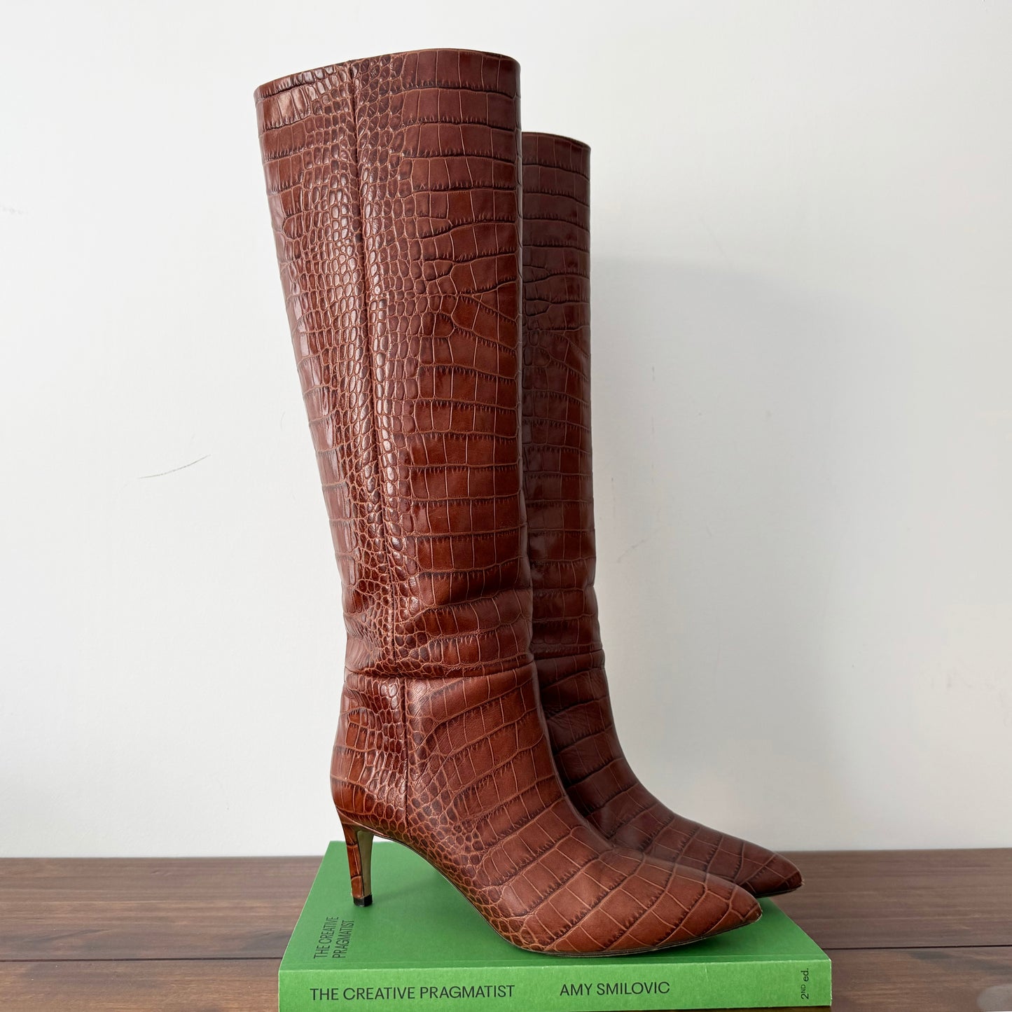 Paris Texas Croc-Embossed Leather Heeled Knee-High Boots in Tan Brown, size 37