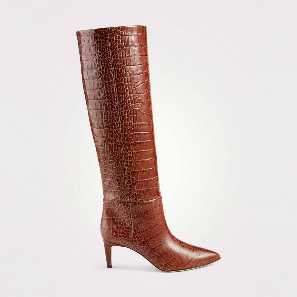 Paris Texas Croc-Embossed Leather Heeled Knee-High Boots in Tan Brown, size 37