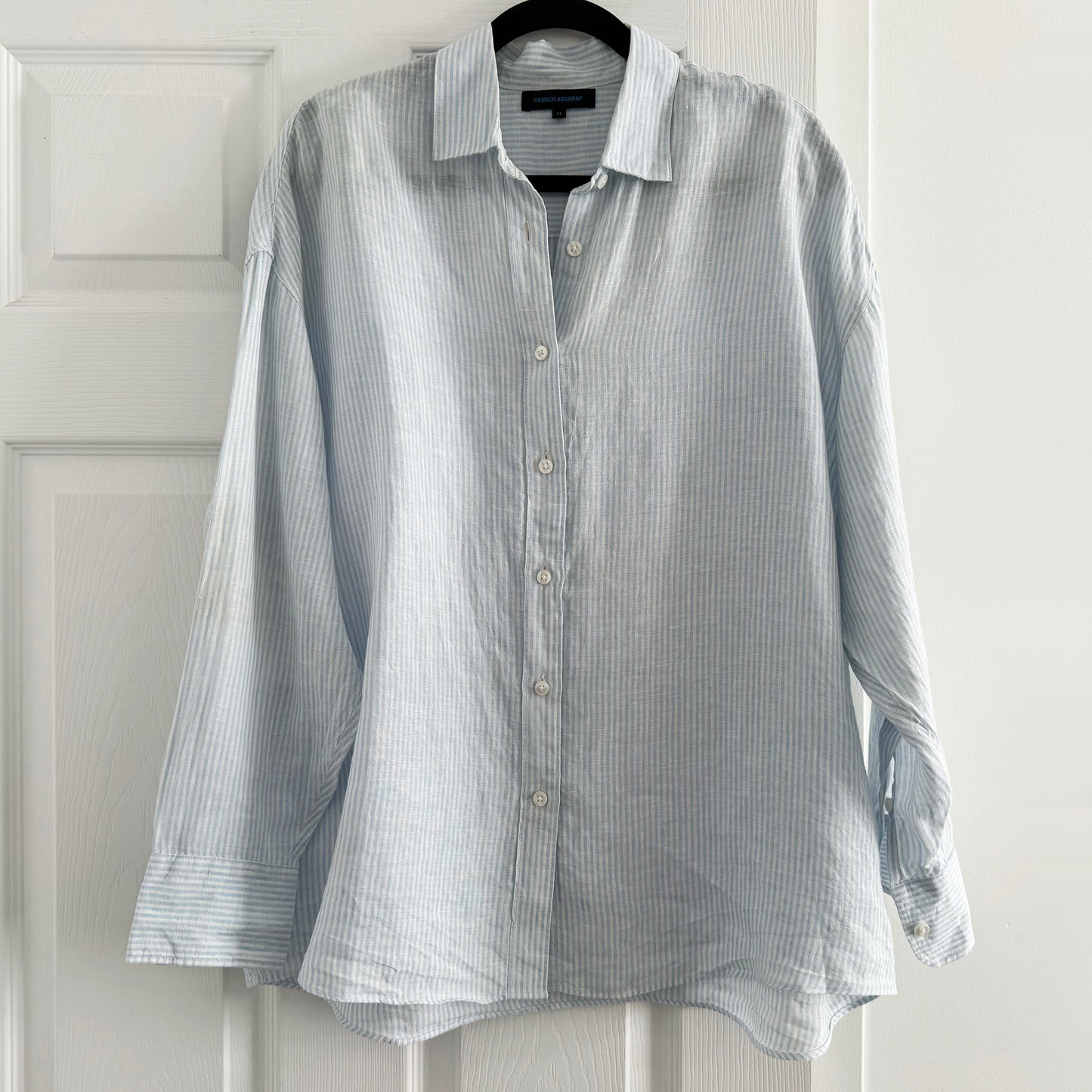 Patrick Assaraf "Boyfriend" Stripe Linen Shirt in Blue/White, size Medium