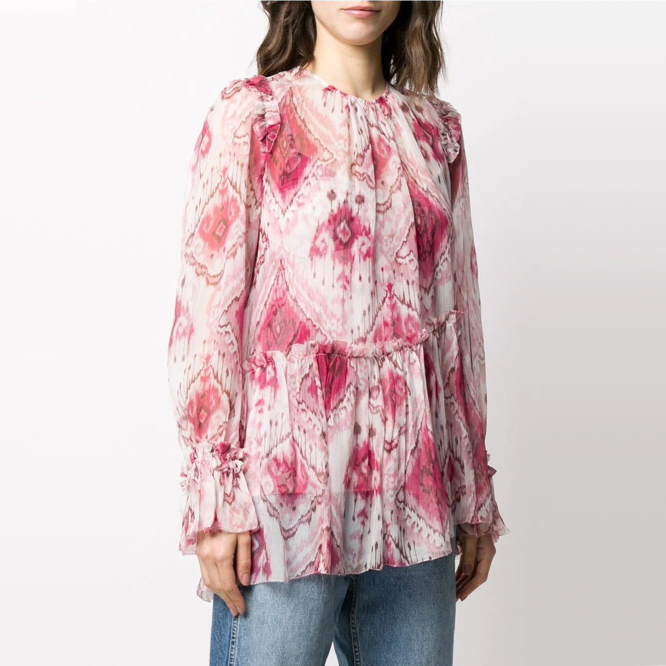 Zimmermann Asymetrical Printed Silk Blouse in Pink, size "2" (medium)