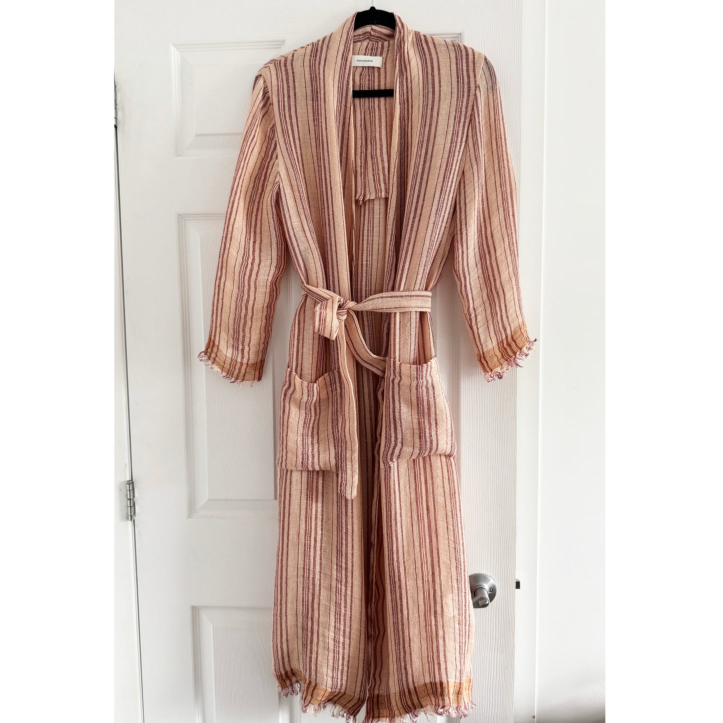 Pomandere Striped Linen Duster Jacket in Peach, size 40 (size small ish)