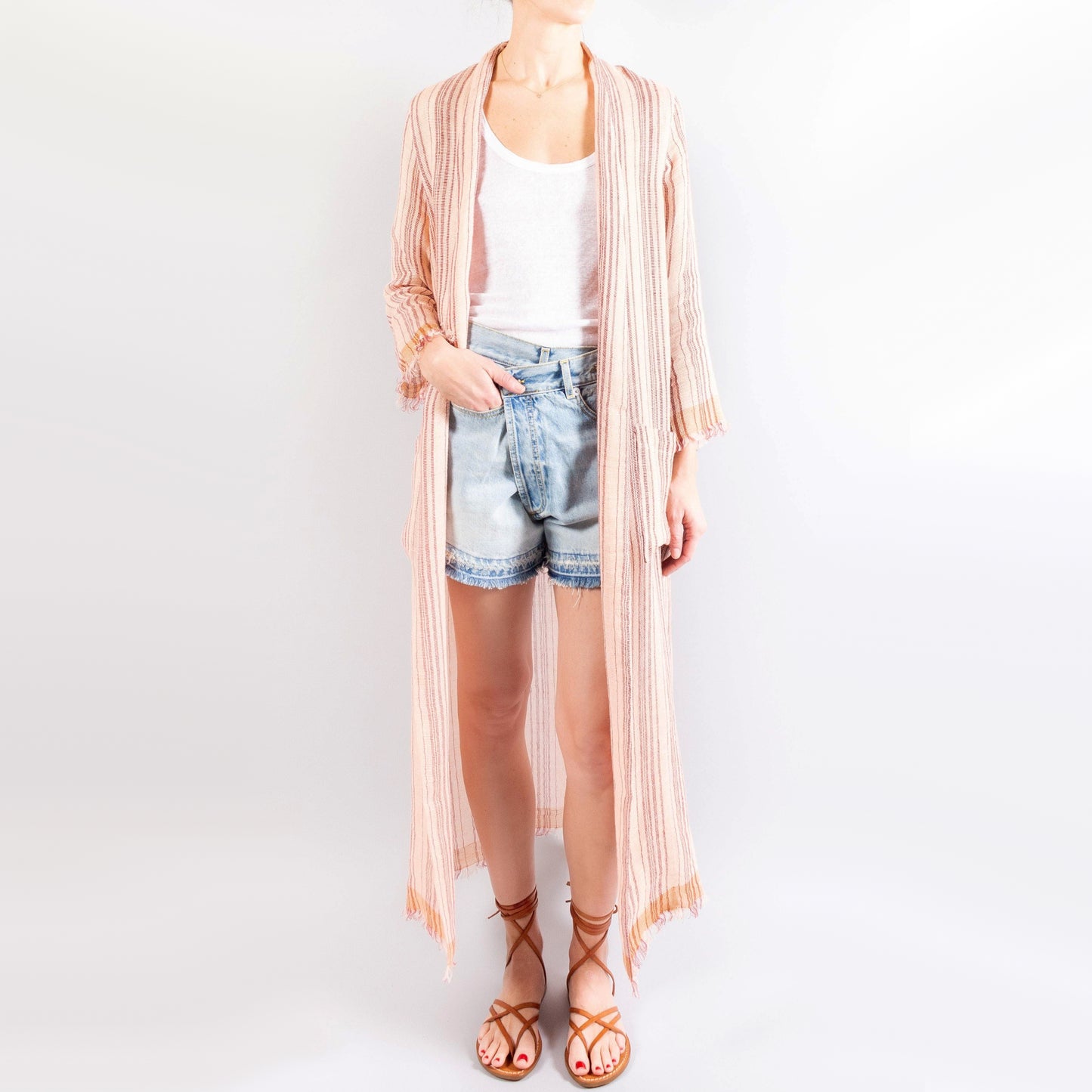 Pomandere Striped Linen Duster Jacket in Peach, size 40 (size small ish)