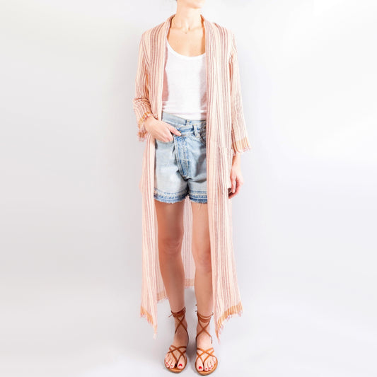 Pomandere Striped Linen Duster Jacket in Peach, size 40 (size small ish)