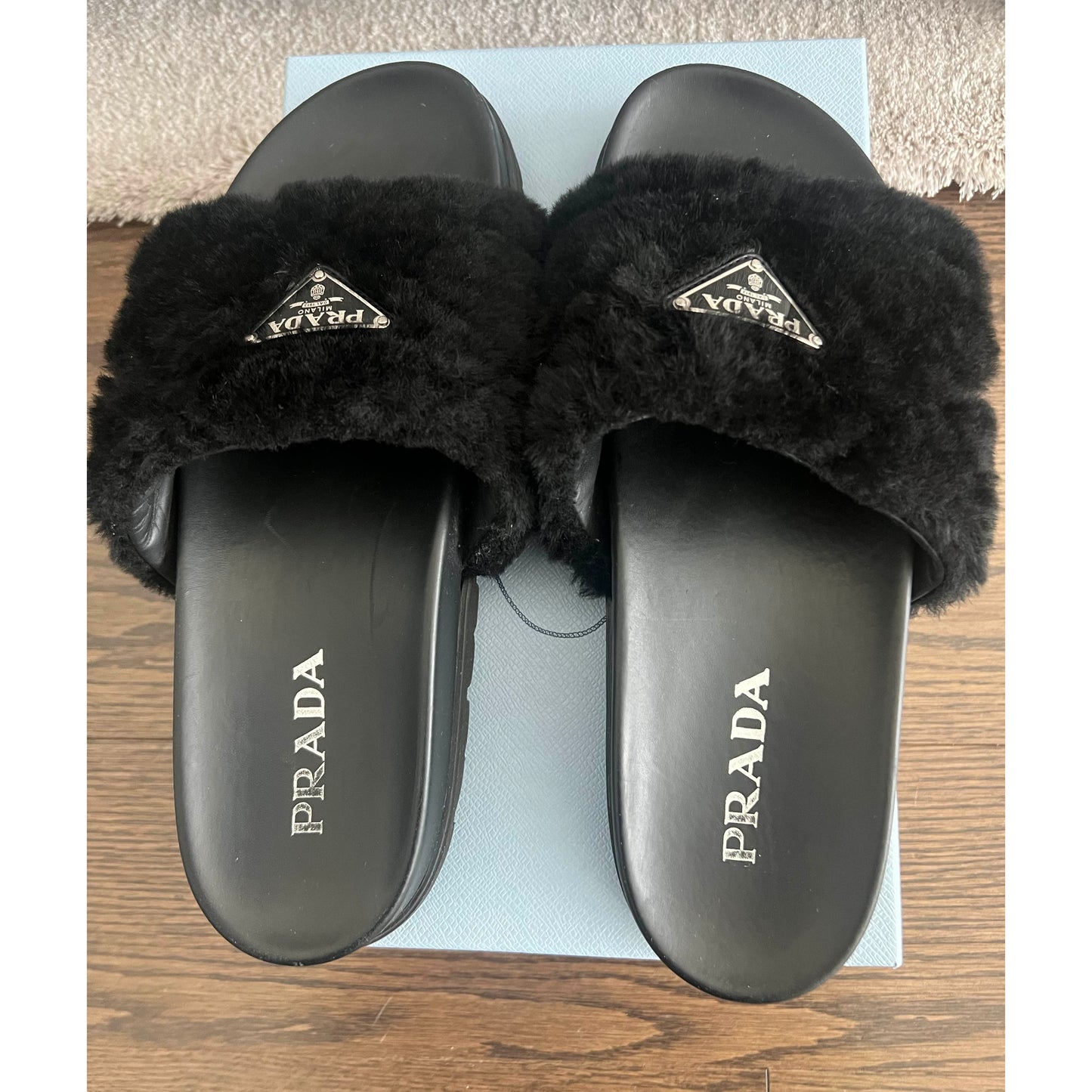 Prada Fur Slides in Black, size 41