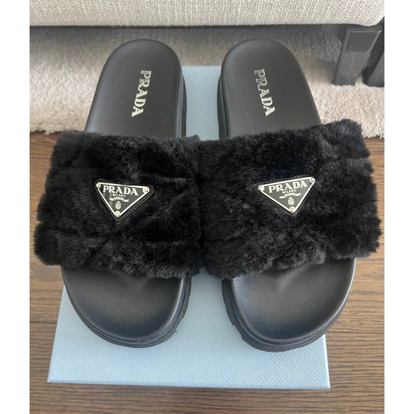 Prada Fur Slides in Black, size 41