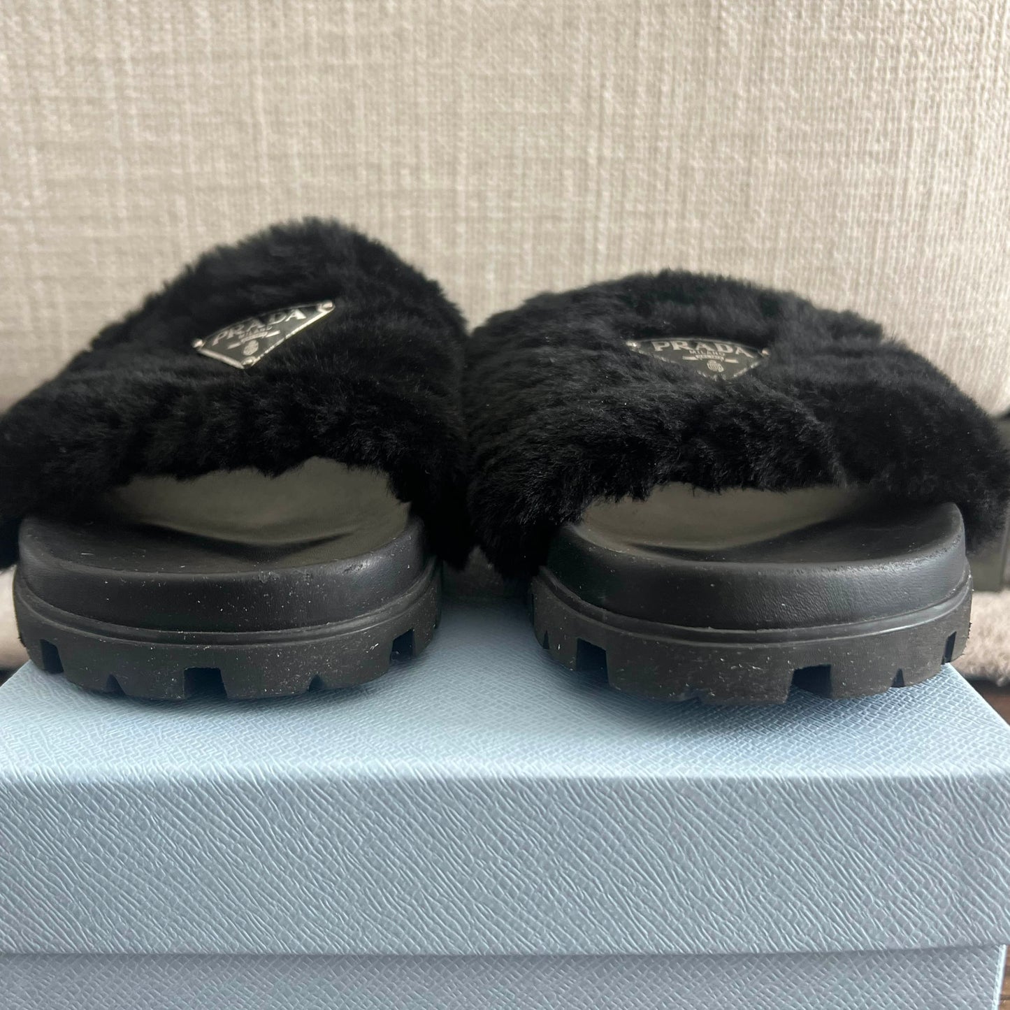 Prada Fur Slides in Black, size 41