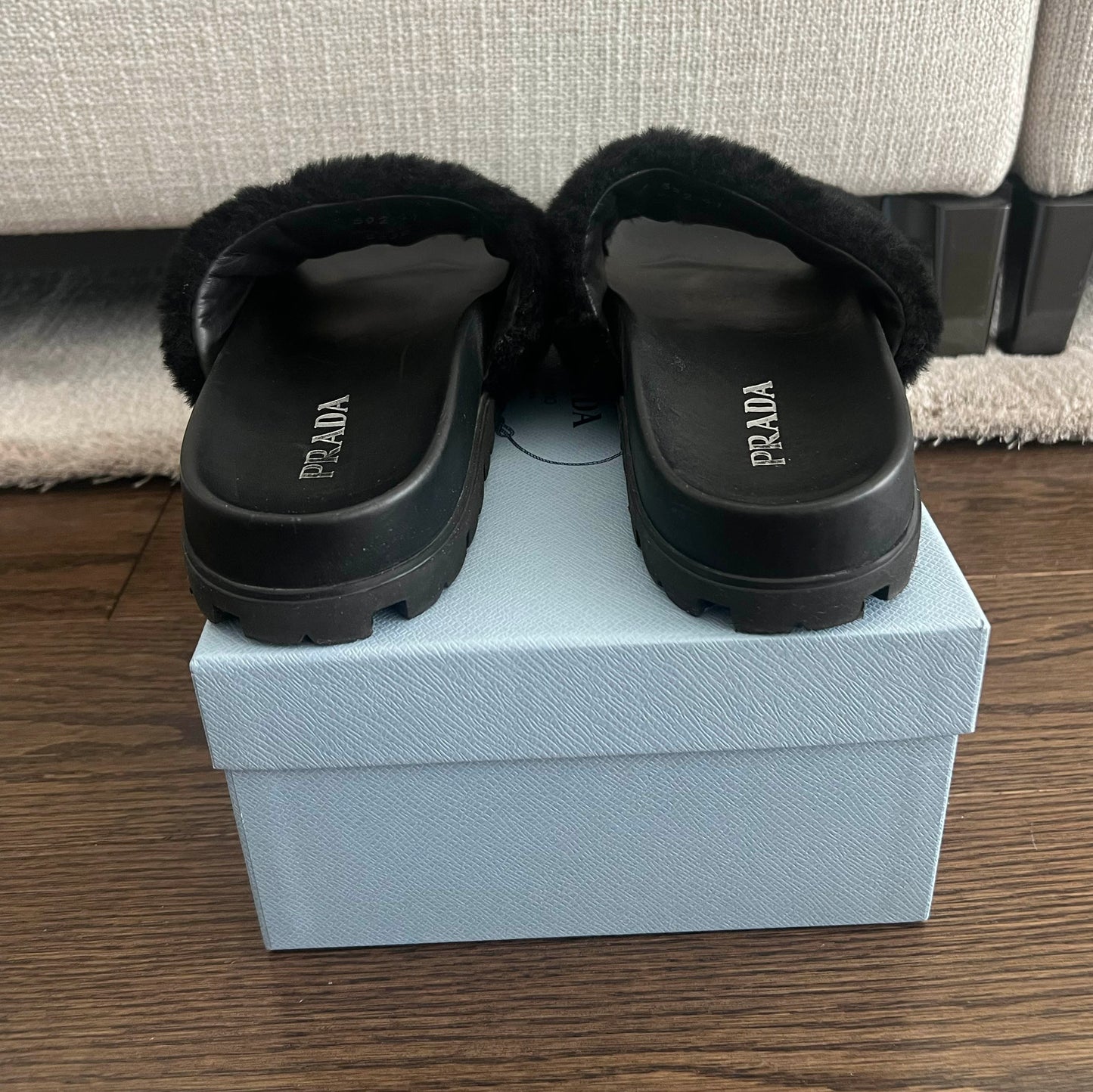 Prada Fur Slides in Black, size 41