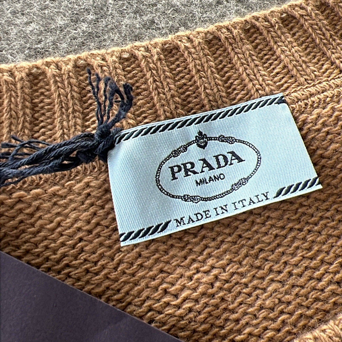 Prada Wool/Cashmere Logo Sweater in Camel, size 44