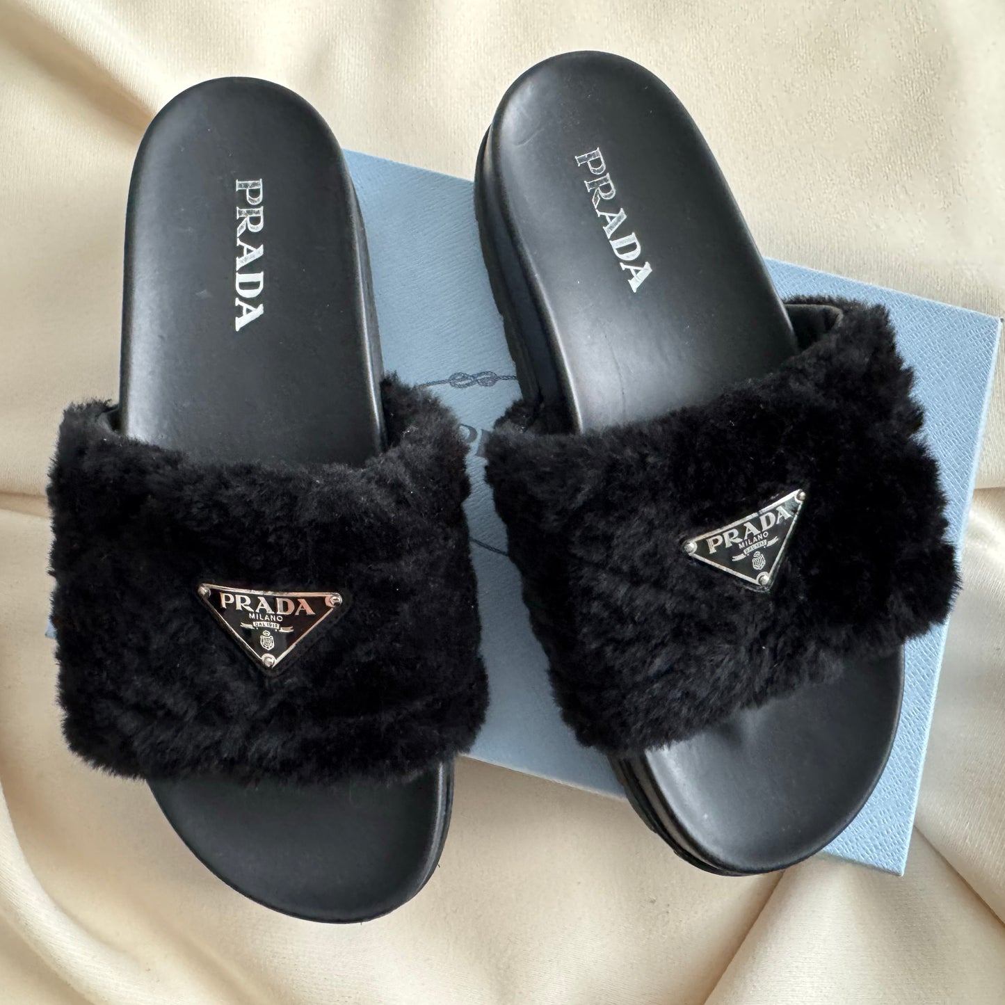 Prada Shearling Fur Slides in Black, size 41