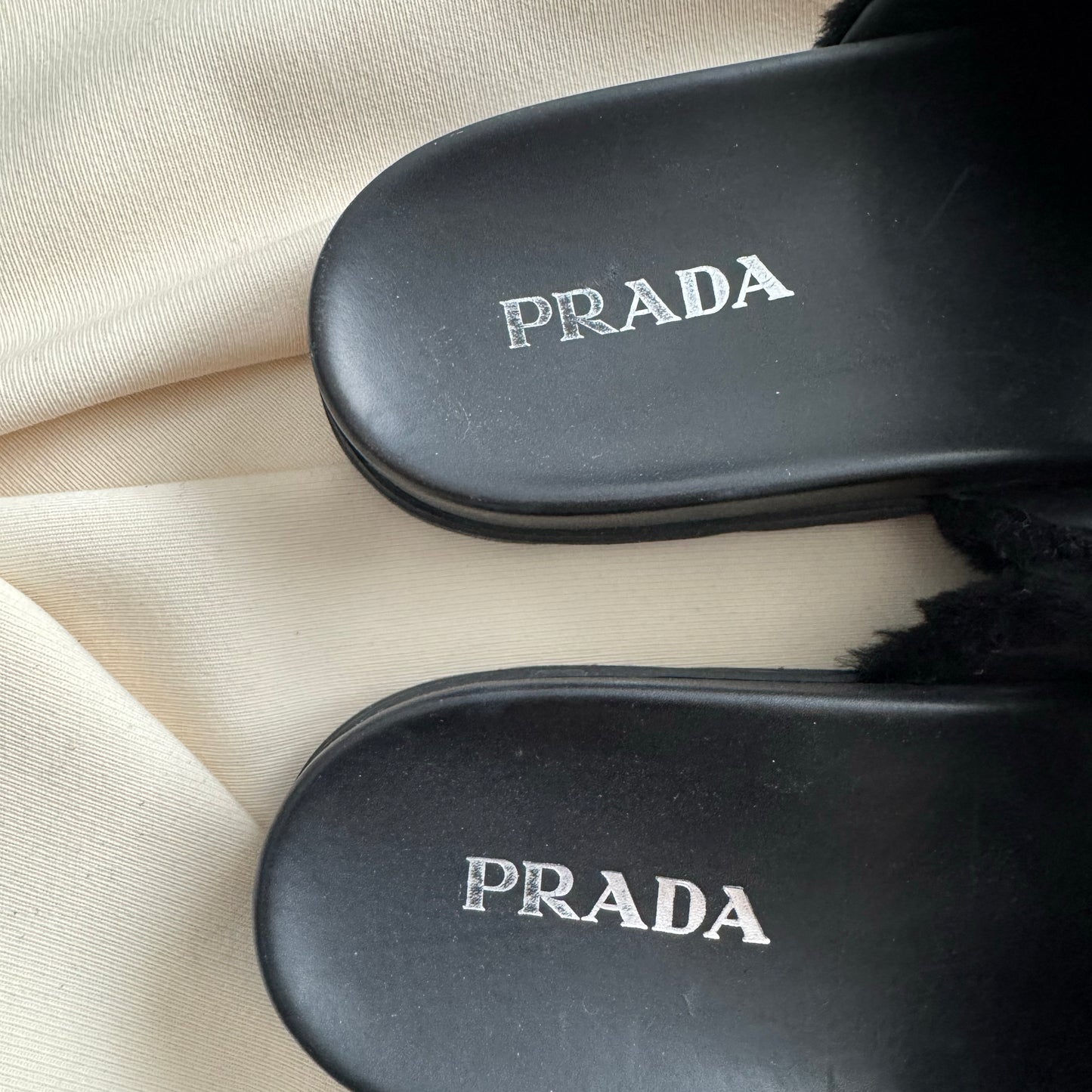 Prada Shearling Fur Slides in Black, size 41
