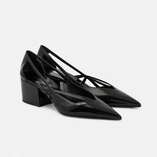 Prada 55mm Cutout Brushed Leather Pumps in Black, size 40