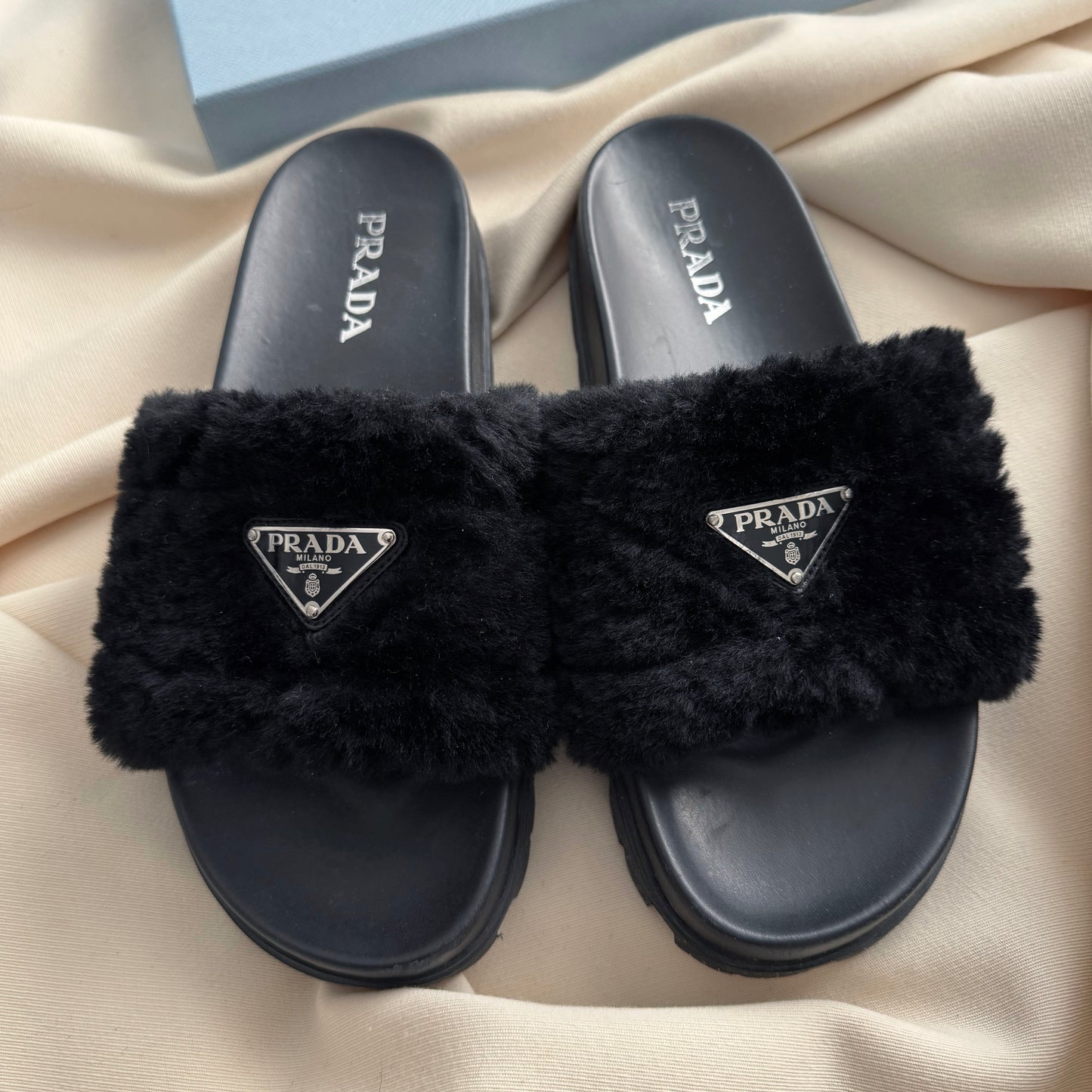 Prada Shearling Fur Slides in Black, size 41