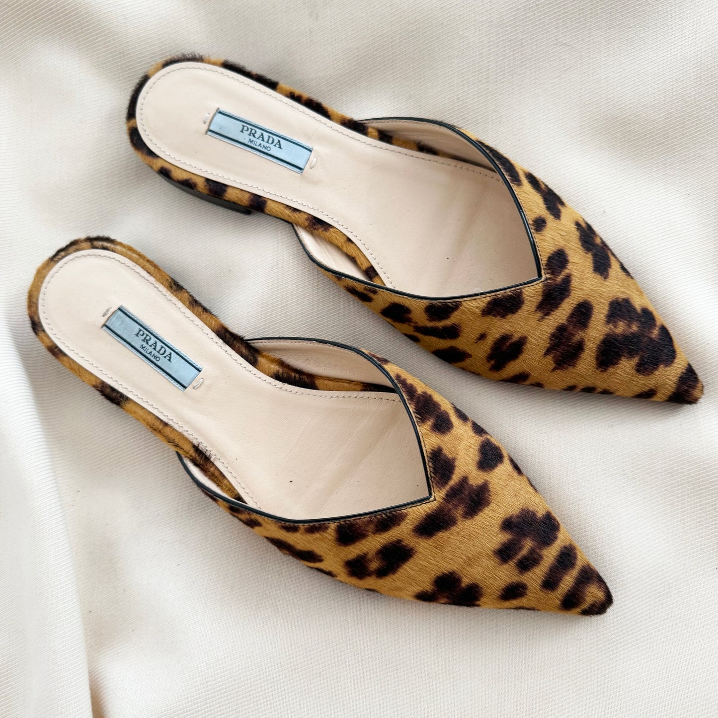 Prada Leopard Print Calf Hair Flat Mules, size 37.5
