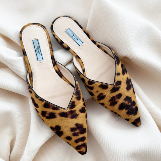Prada Leopard Print Calf Hair Flat Mules, size 37.5