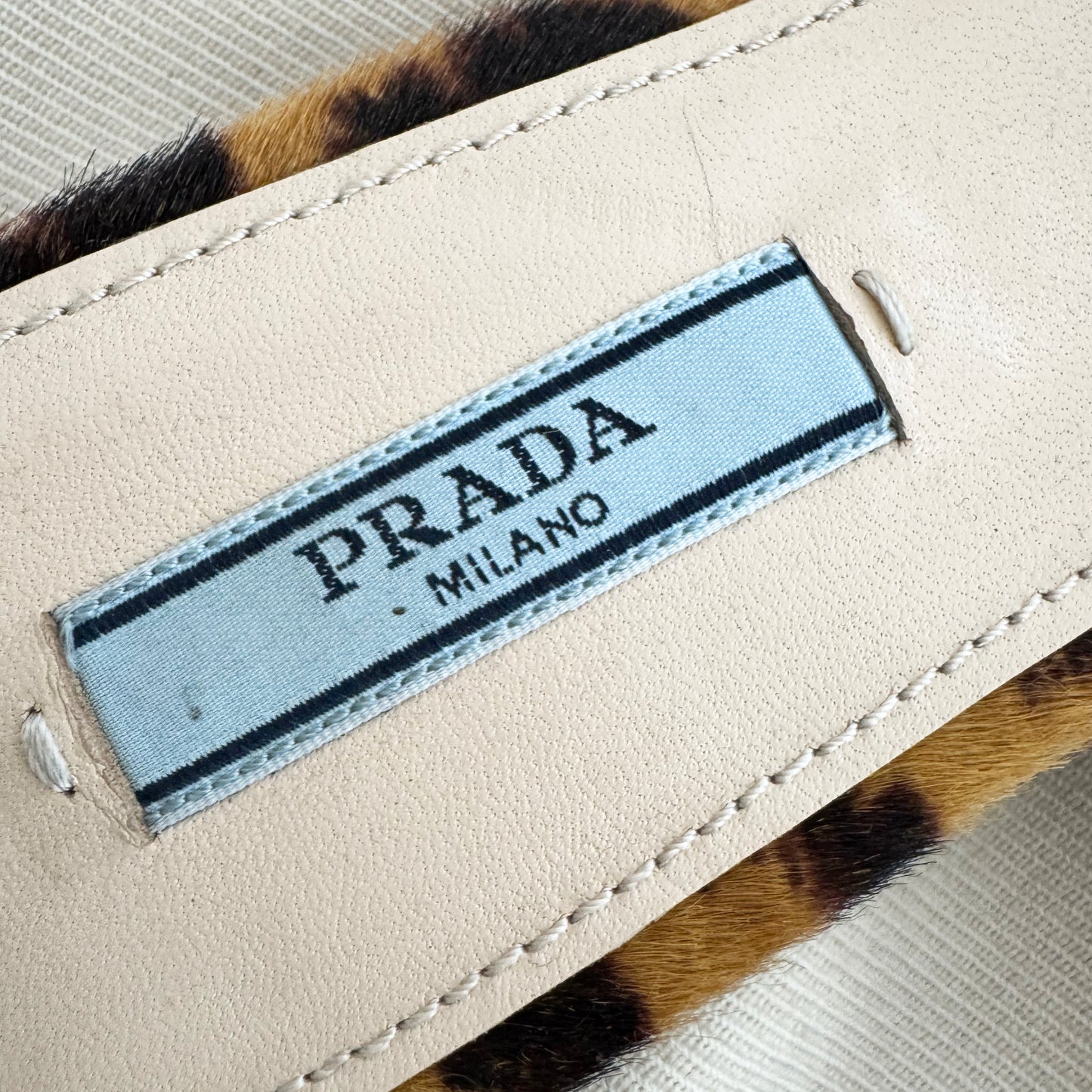 Prada Leopard Print Calf Hair Flat Mules, size 37.5