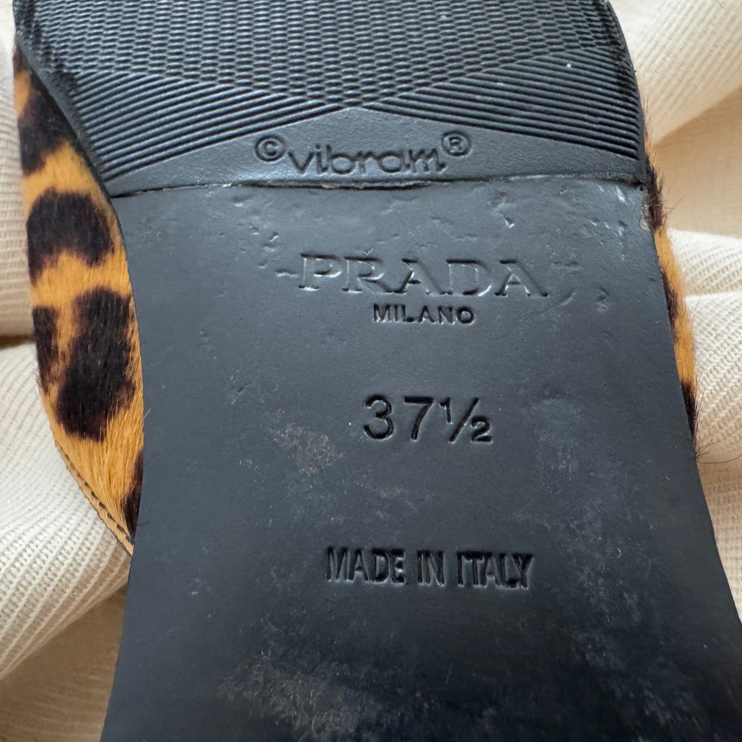 Prada Leopard Print Calf Hair Flat Mules, size 37.5