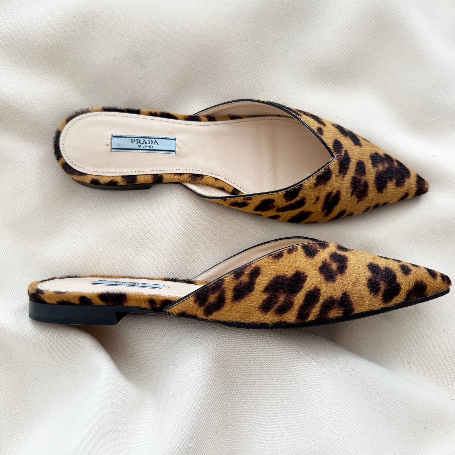 Prada Leopard Print Calf Hair Flat Mules, size 37.5
