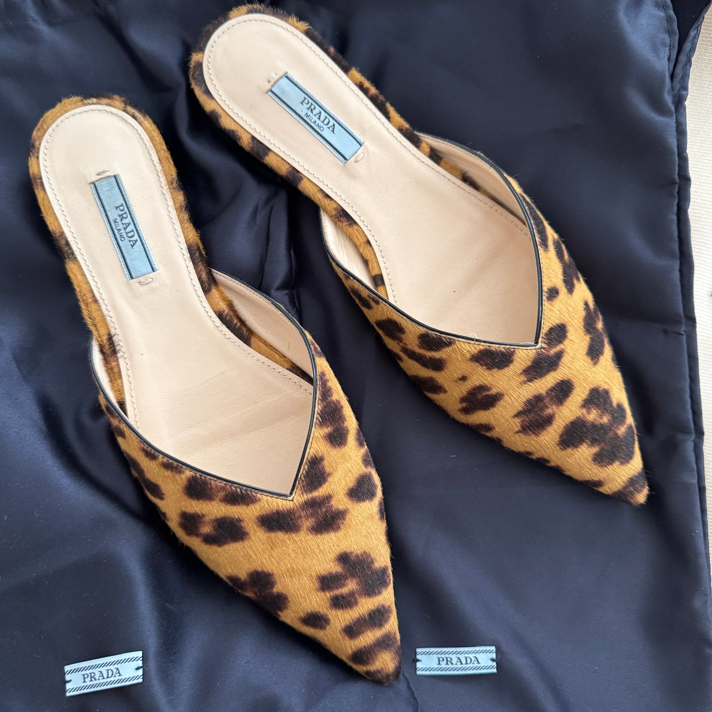 Prada Leopard Print Calf Hair Flat Mules, size 37.5