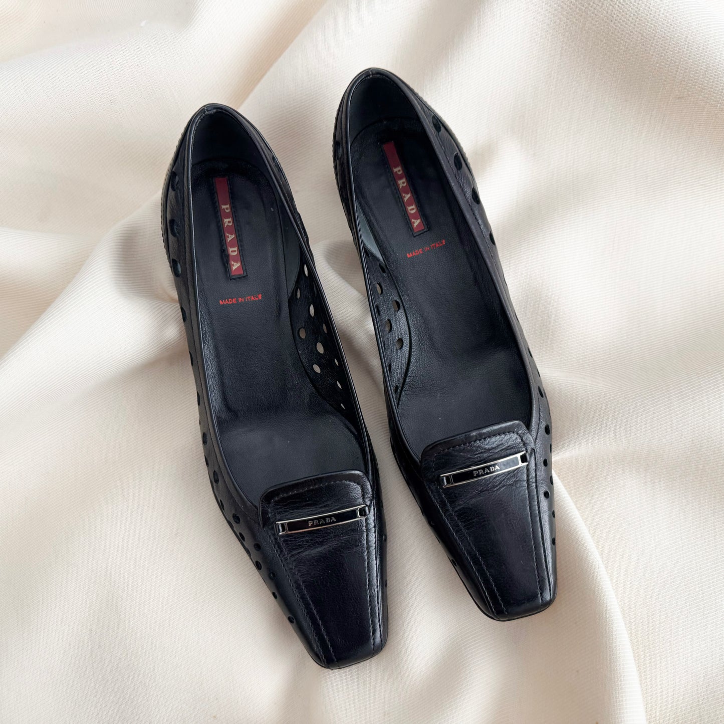 Vintage Prada Perforated Leather Kitten Heel Pumps in Black, size 35