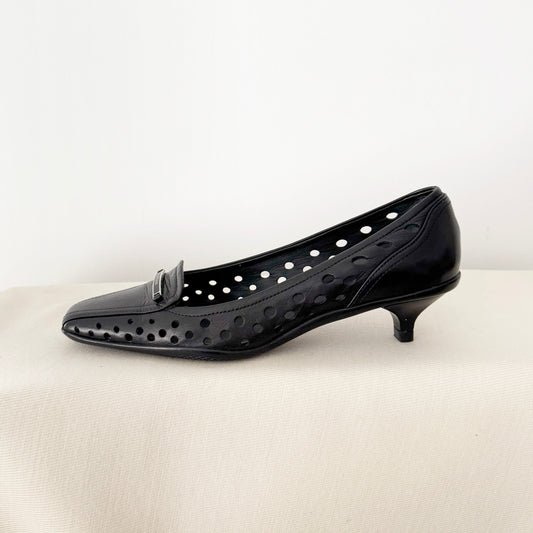 Vintage Prada Perforated Leather Kitten Heel Pumps in Black, size 35