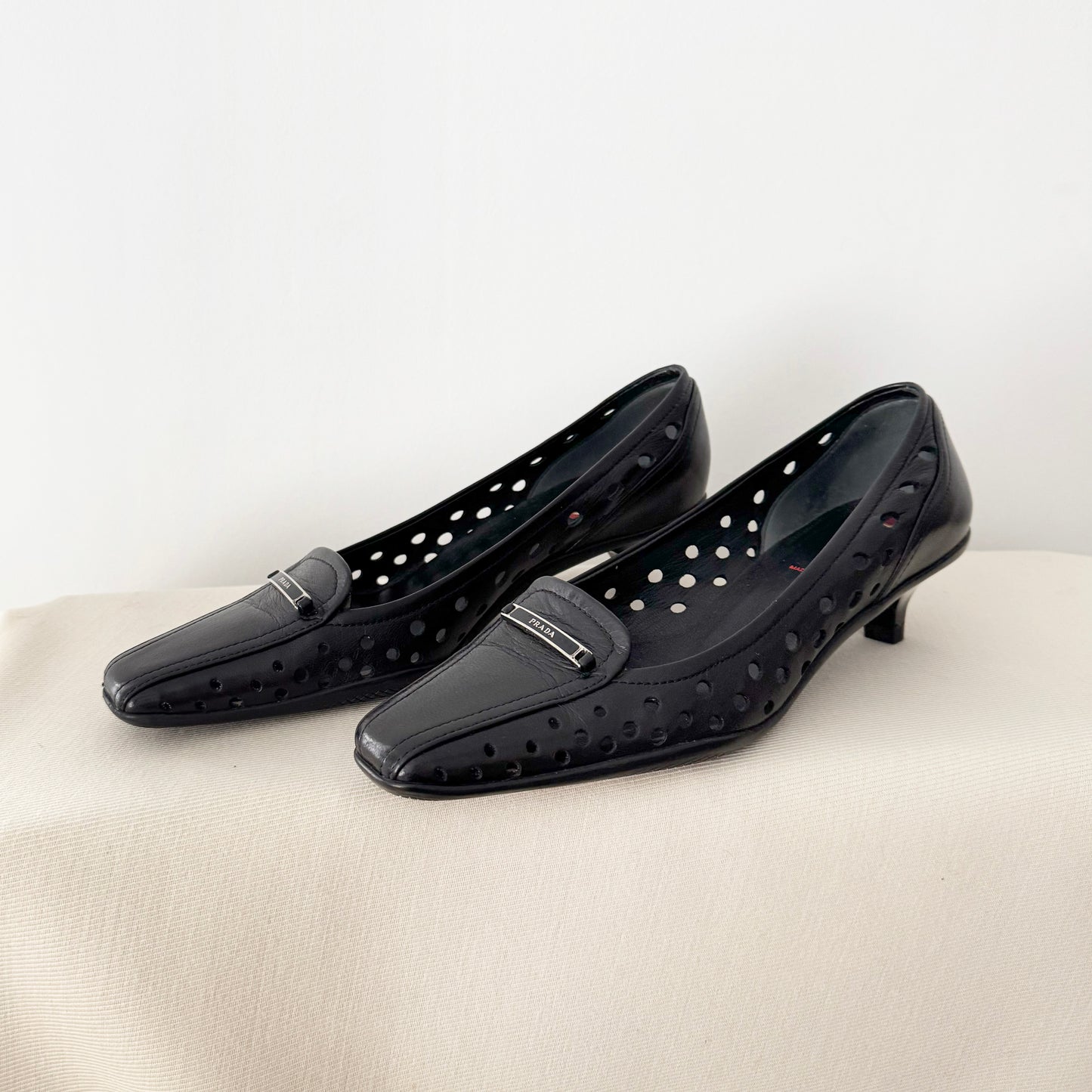 Vintage Prada Perforated Leather Kitten Heel Pumps in Black, size 35