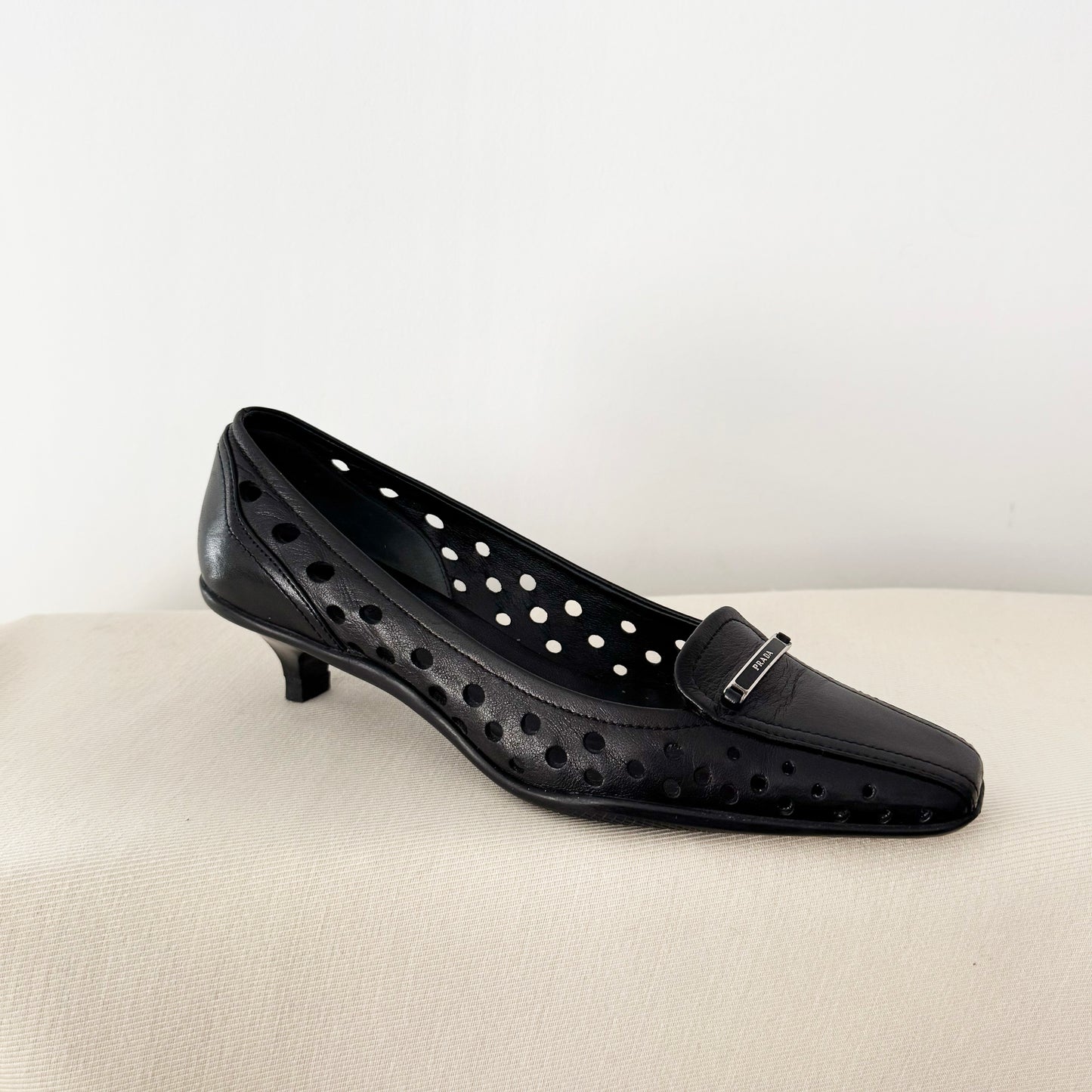 Vintage Prada Perforated Leather Kitten Heel Pumps in Black, size 35