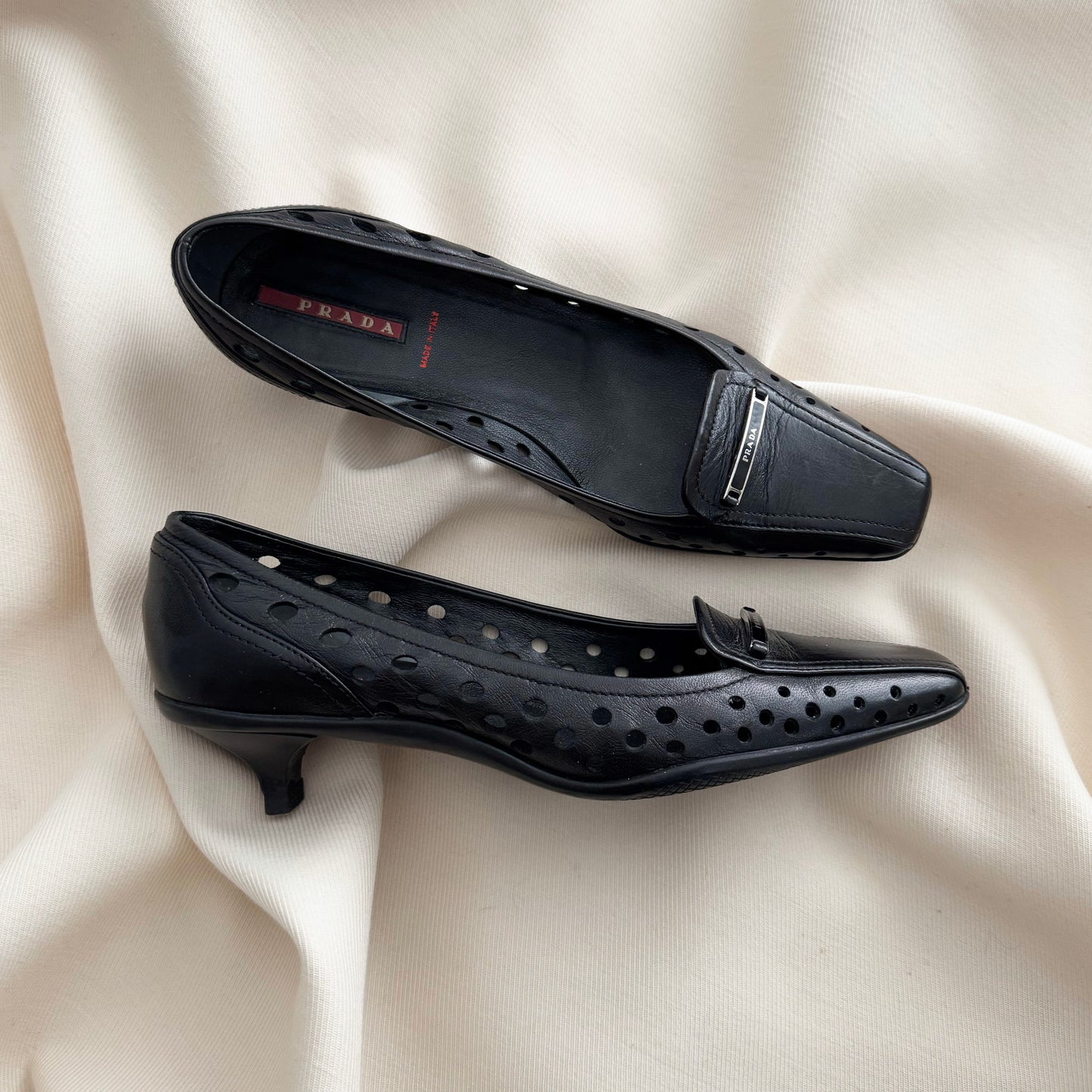 Vintage Prada Perforated Leather Kitten Heel Pumps in Black, size 35
