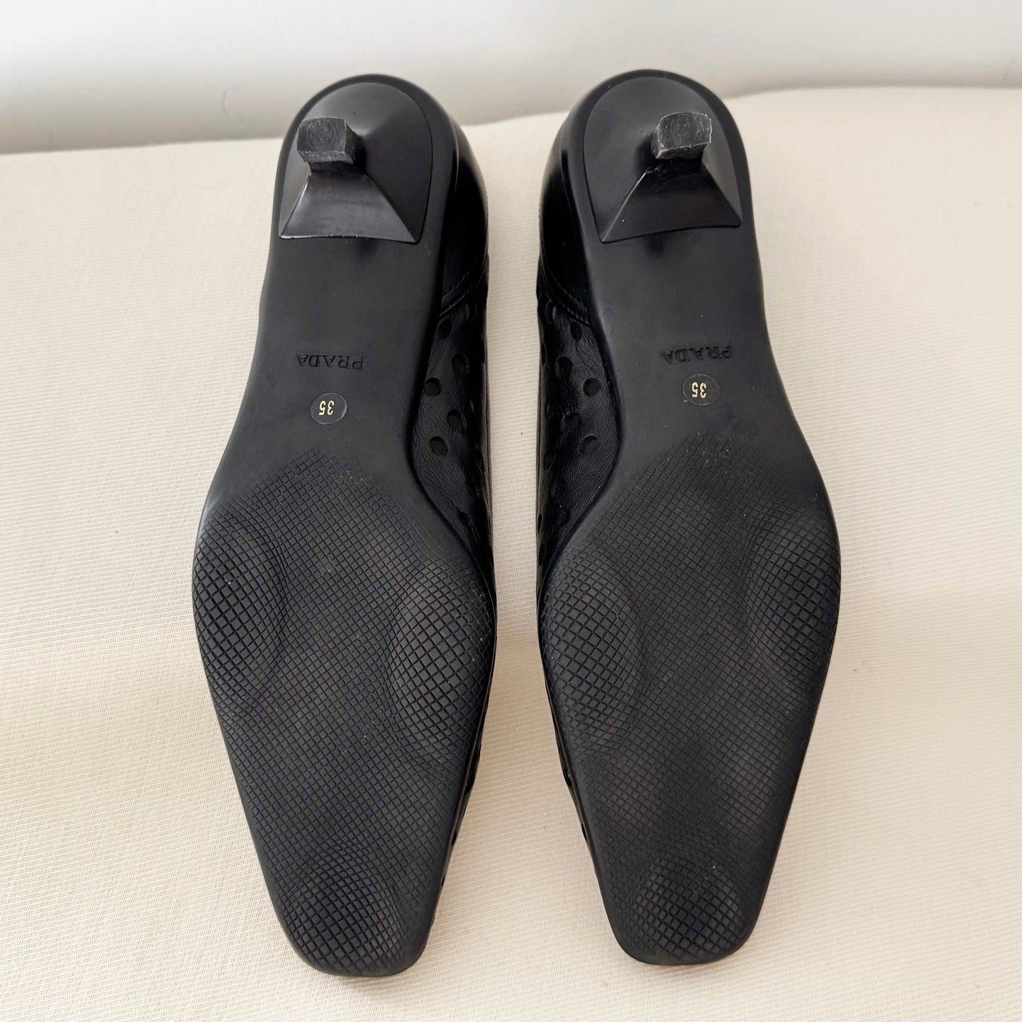Vintage Prada Perforated Leather Kitten Heel Pumps in Black, size 35