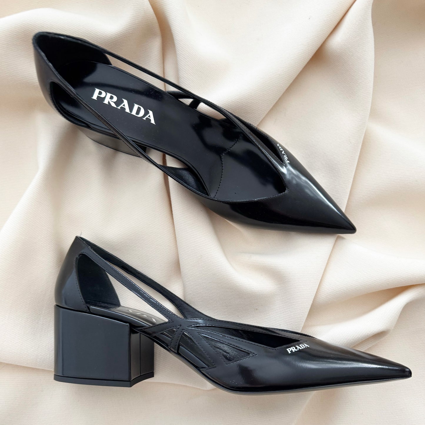 Prada 55mm Cutout Brushed Leather Pumps in Black, size 40