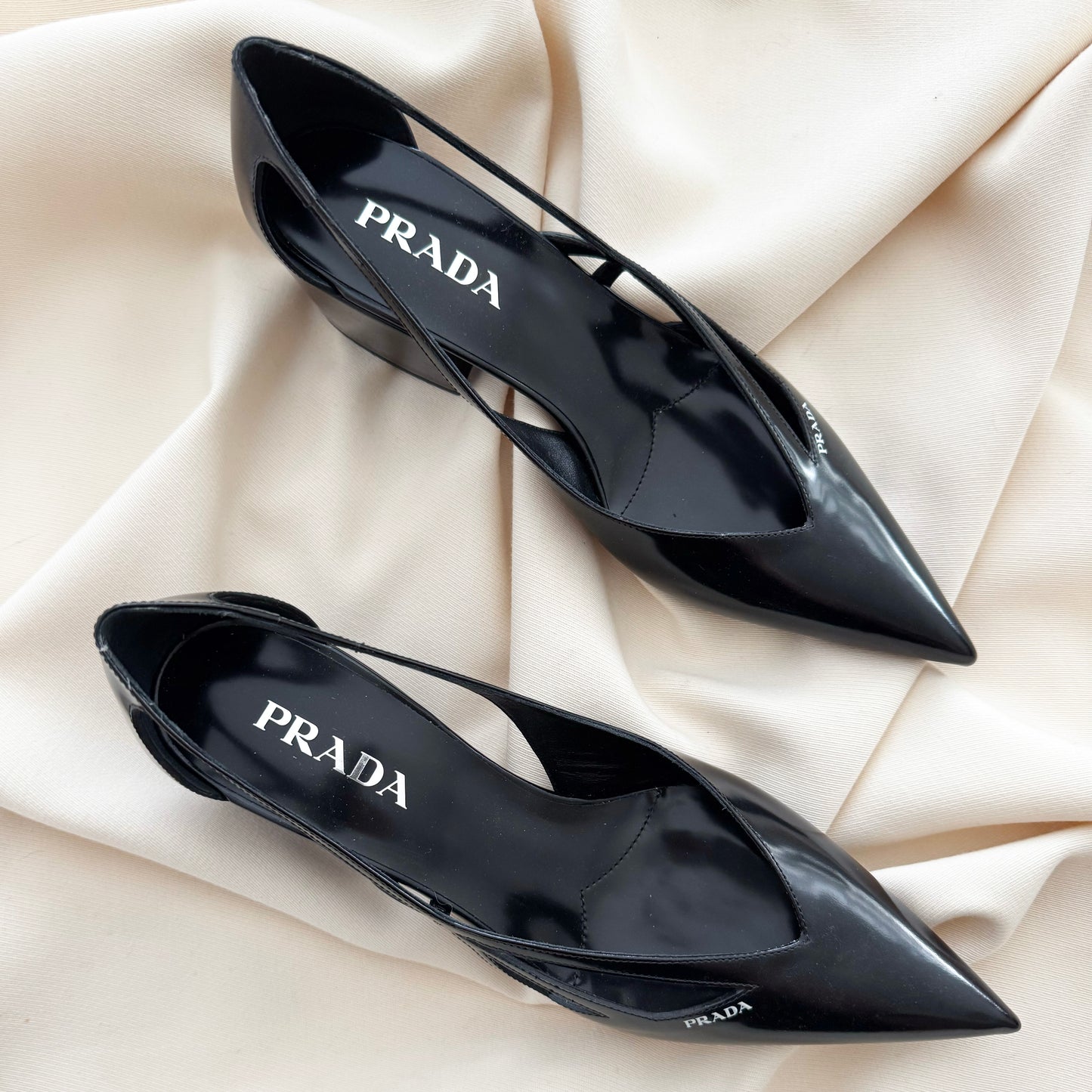 Prada 55mm Cutout Brushed Leather Pumps in Black, size 40