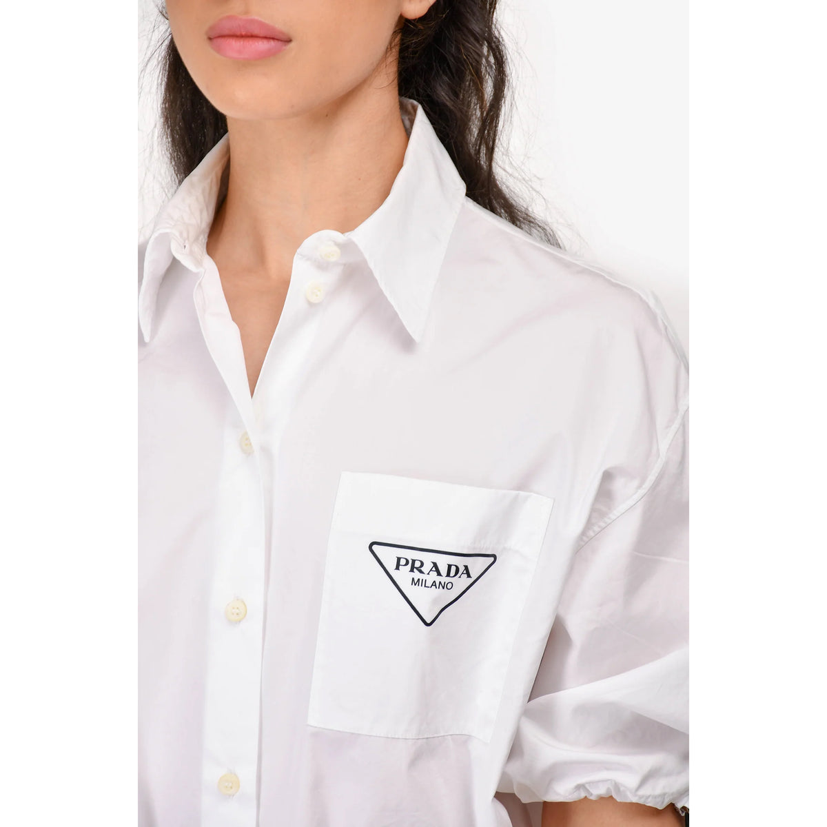 Prada Short Sleeve Poplin Shirt in White, size 42 (fits Medium)