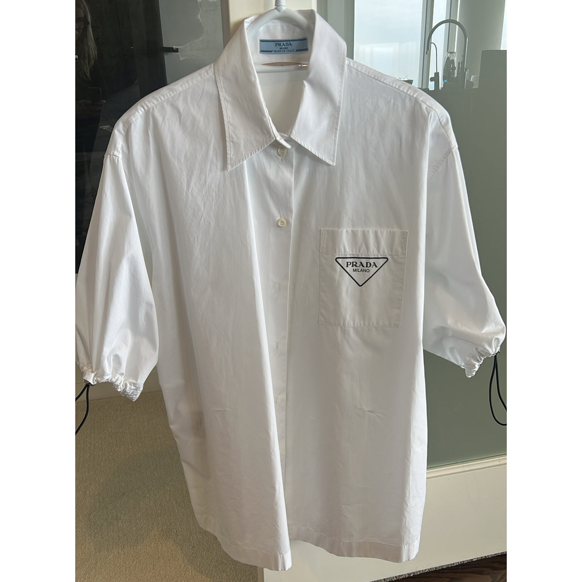 Prada Short Sleeve Poplin Shirt in White, size 42 (fits Medium)