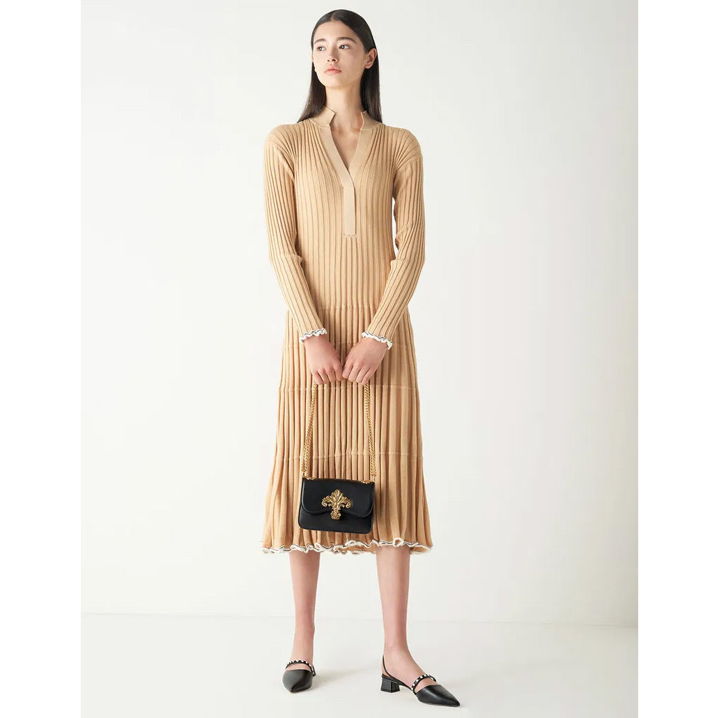 Proenza Schouler Ribbed Knit Long Sleeve Dress in Tan, size Large (fits M/L)