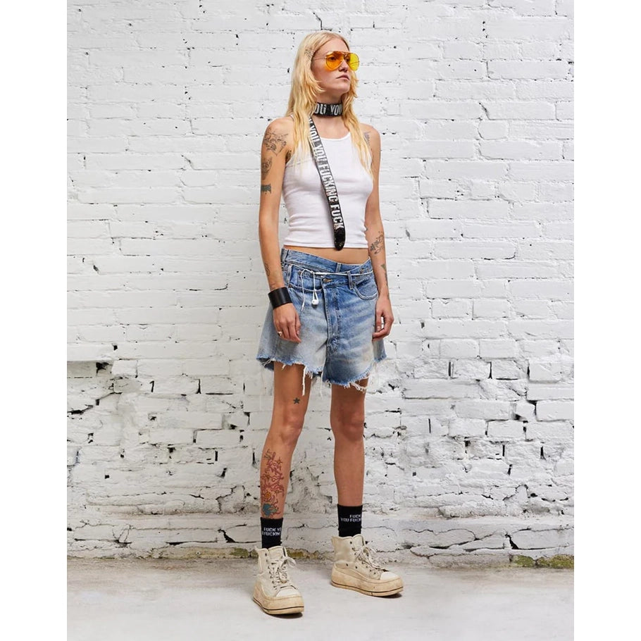 R13 Crossover Asymmetric Distressed Jean Shorts in "Turner Blue", size 29
