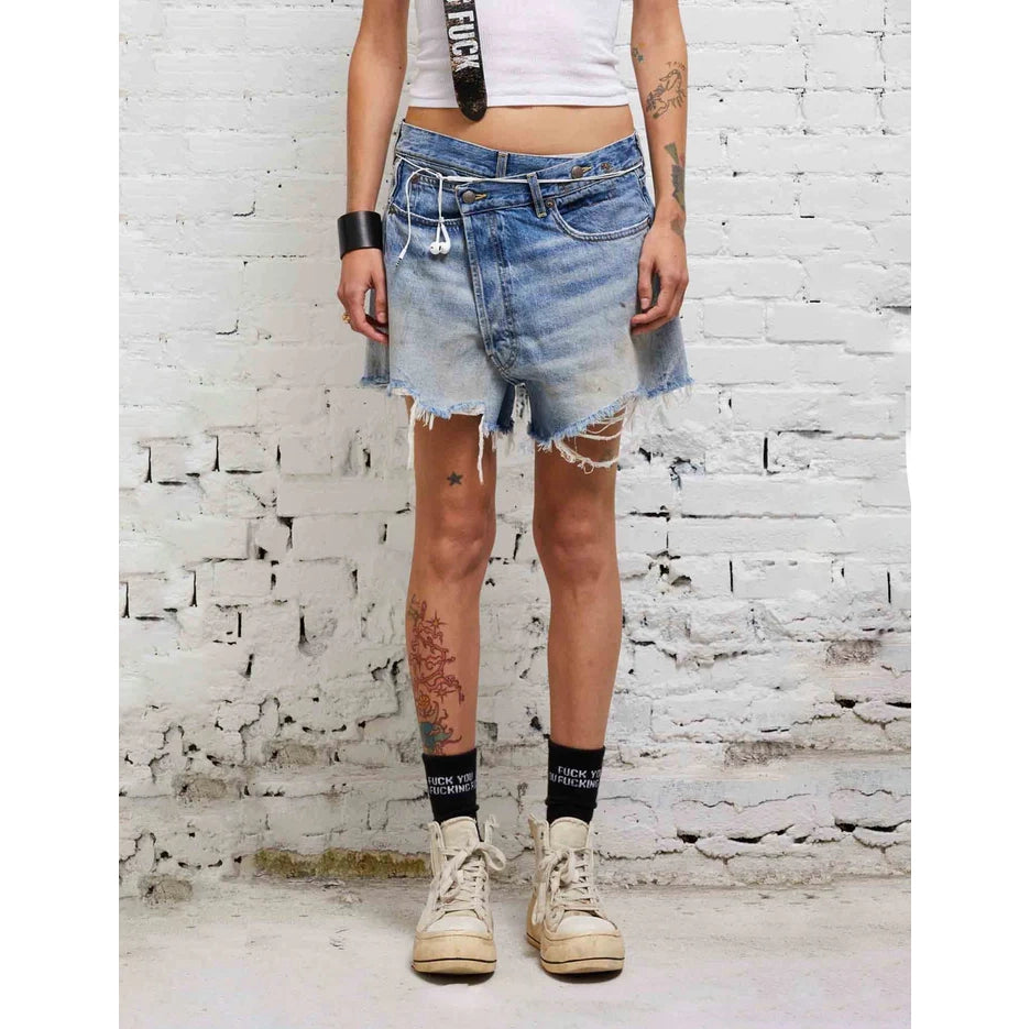 R13 Crossover Asymmetric Distressed Jean Shorts in "Turner Blue", size 29
