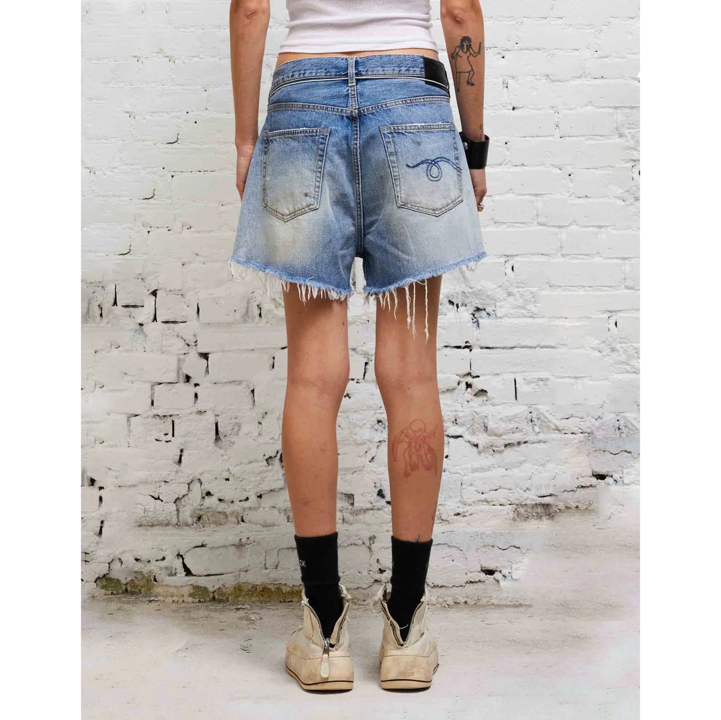 R13 Crossover Asymmetric Distressed Jean Shorts in "Turner Blue", size 29