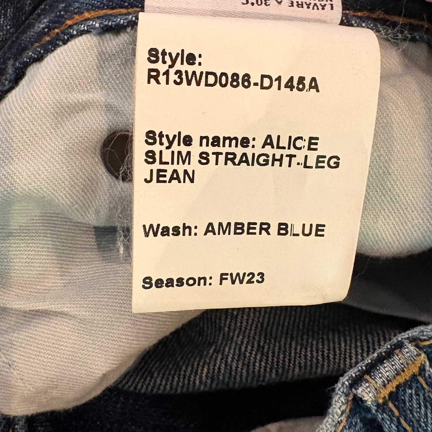 R13 "Alice" Straight Leg Jean in Amber Blue, size 26